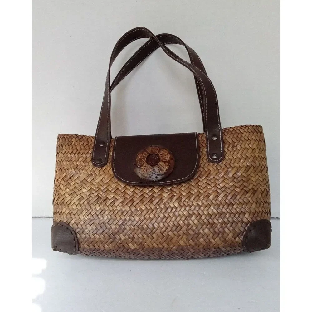 Vintage Woven Straw Beach Tote Bag with Brown‎ Leather Trim and Floral Accent